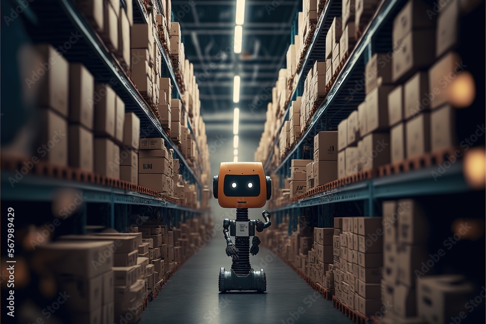 Poster a robot is standing in a warehouse with boxes on the shelves and a light on the floor behind it that