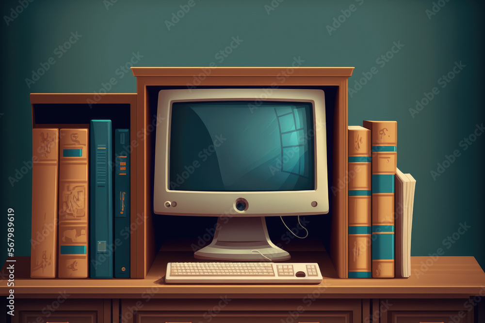Poster computer with empty screen in the office or library. generative ai