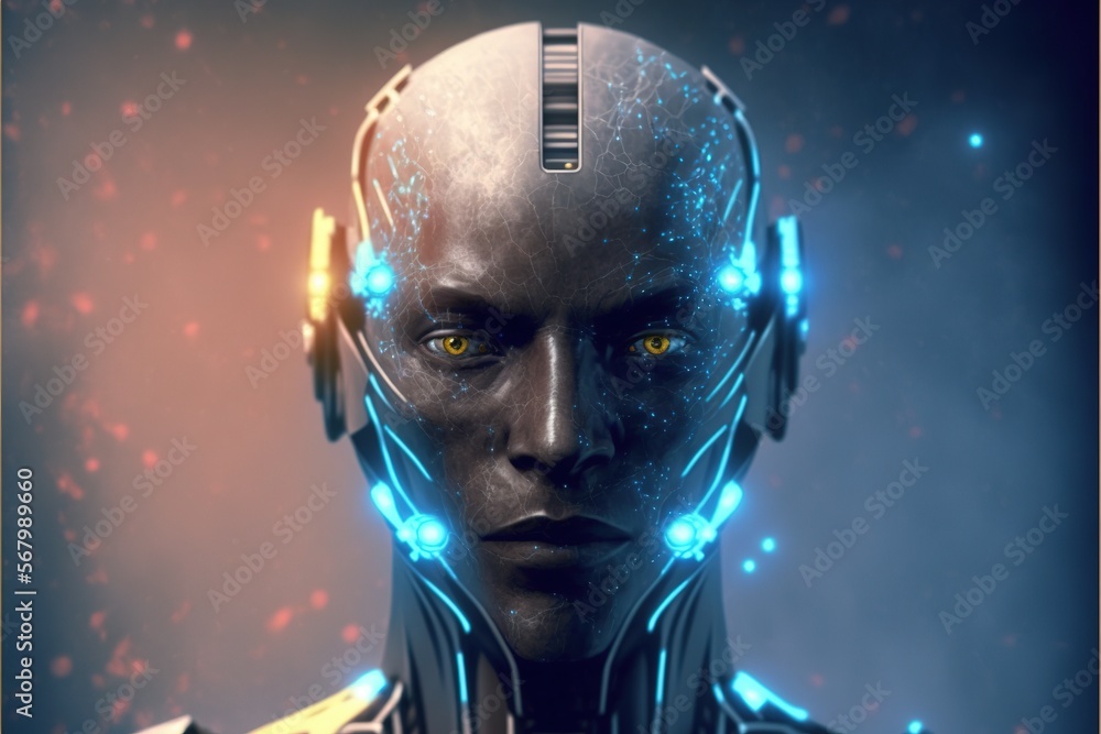 Poster a man with a futuristic head and glowing eyes in a sci - fi fi fi background with a barcode computer