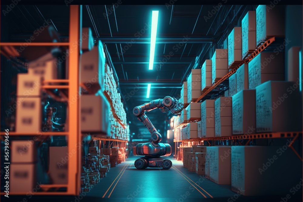 Poster a robot is moving along a warehouse aisle with boxes on the shelves and a ladder in the background t