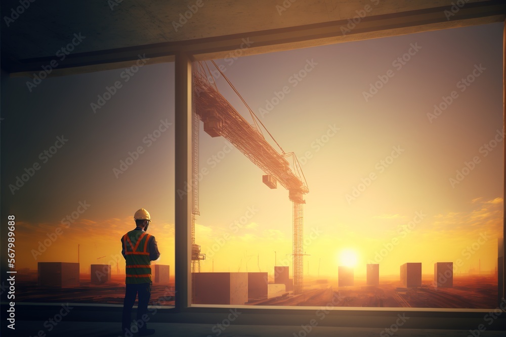 Poster a man standing in front of a window with a view of a construction site at sunset or dawn in the back