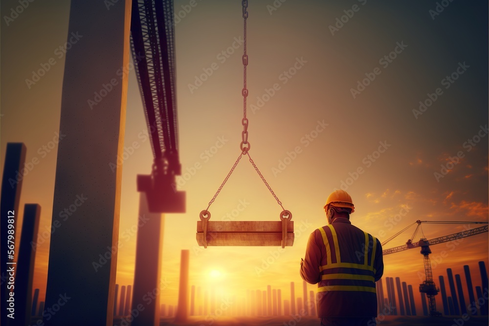 Aufkleber a man in a hard hat and safety vest standing in front of a crane with a sign hanging from it a digit