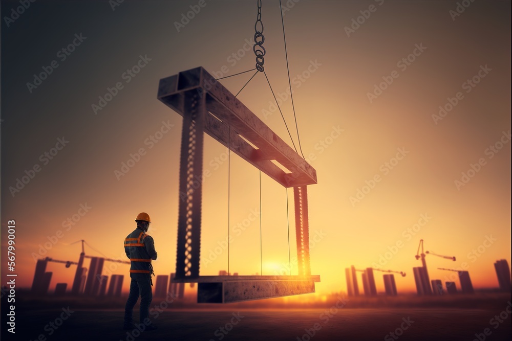 Poster a man standing in front of a large structure with a crane on it's back end at sunset or dawn a digit