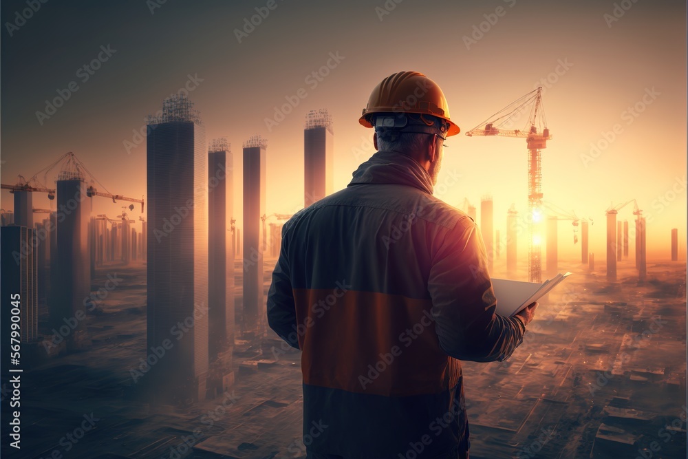 Poster a man in a hard hat and jacket looking at a construction site at sunset with a laptop computer in hi