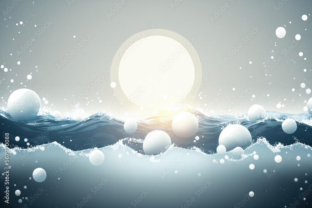 Wall mural splashes and bubbles on a transparent, clear, peaceful body of water that is blurred and desaturated. a modern, abstract background of nature. In the sunlight, white gray ocean waves. Copy space