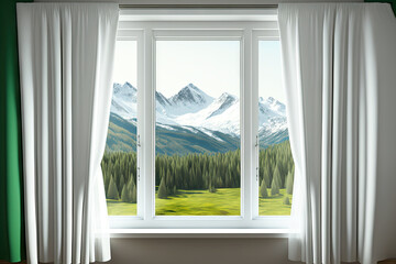 Fototapeta na wymiar Big wide panoramic window mockup with white curtains, view on green mountains landscape, 3d illustration. Generative AI