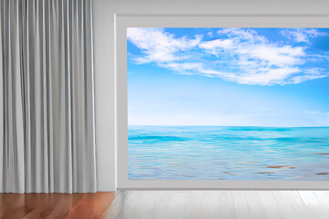 Interior modern empty room dark parquet wooden floor, glass window, silk curtain, sky with ocean...