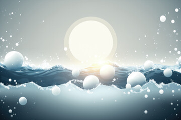 splashes and bubbles on a transparent, clear, peaceful body of water that is blurred and desaturated. a modern, abstract background of nature. In the sunlight, white gray ocean waves. Copy space