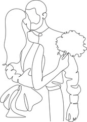One continuous, single line  drawing of a woman and a man. Hugs of a young couple, lovers, woman and man. Doodles. Romantic.