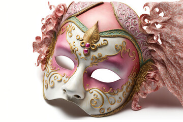 Front shot of a pink Venetian carnival mask isolated on white. Generative AI