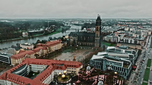 Aerial view of Cathedral Square (Domplatz) and Magdeburg Cathedral (Dom zu Magdeburg) in winter .
