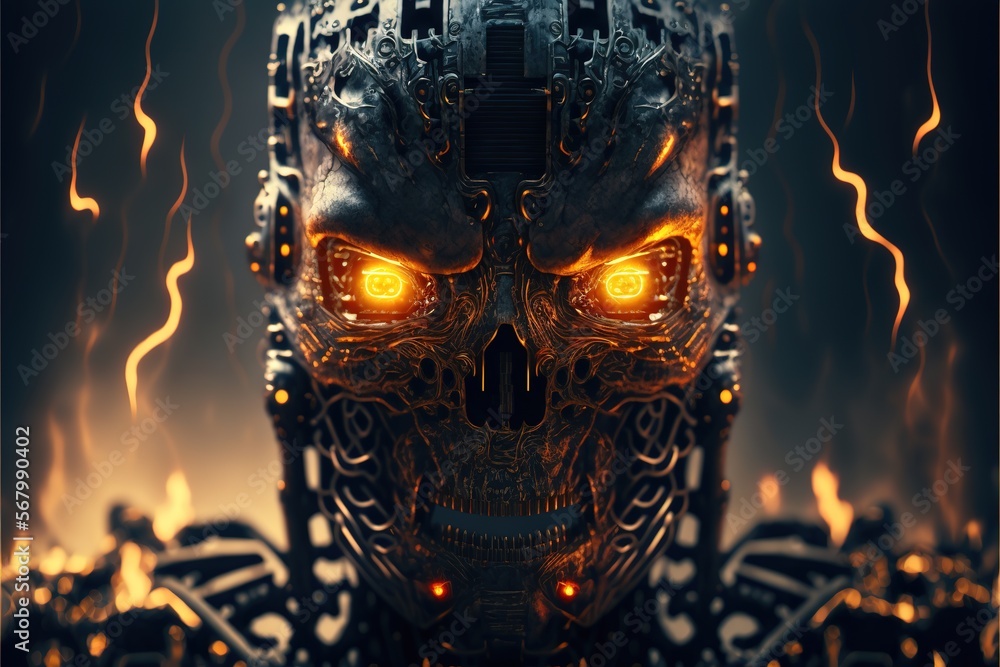 Poster a robot with glowing eyes and a skull like face with flames in the background and a black background