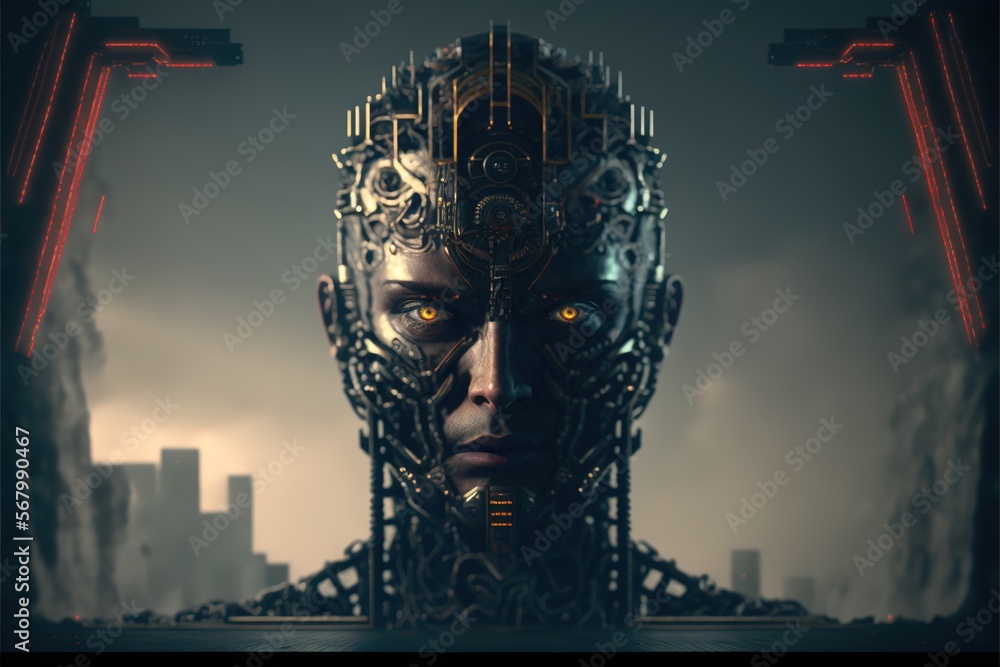 Poster a man with a futuristic head and a city in the background with red lights on it and a red light at t