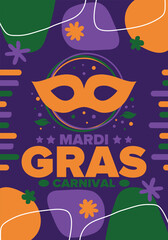 Mardi Gras Carnival in New Orleans. Fat Tuesday. Traditional holiday, celebration annual. Folk festival, costume masquerade, fun party. Carnival mask. Poster, card, banner and background. Vector