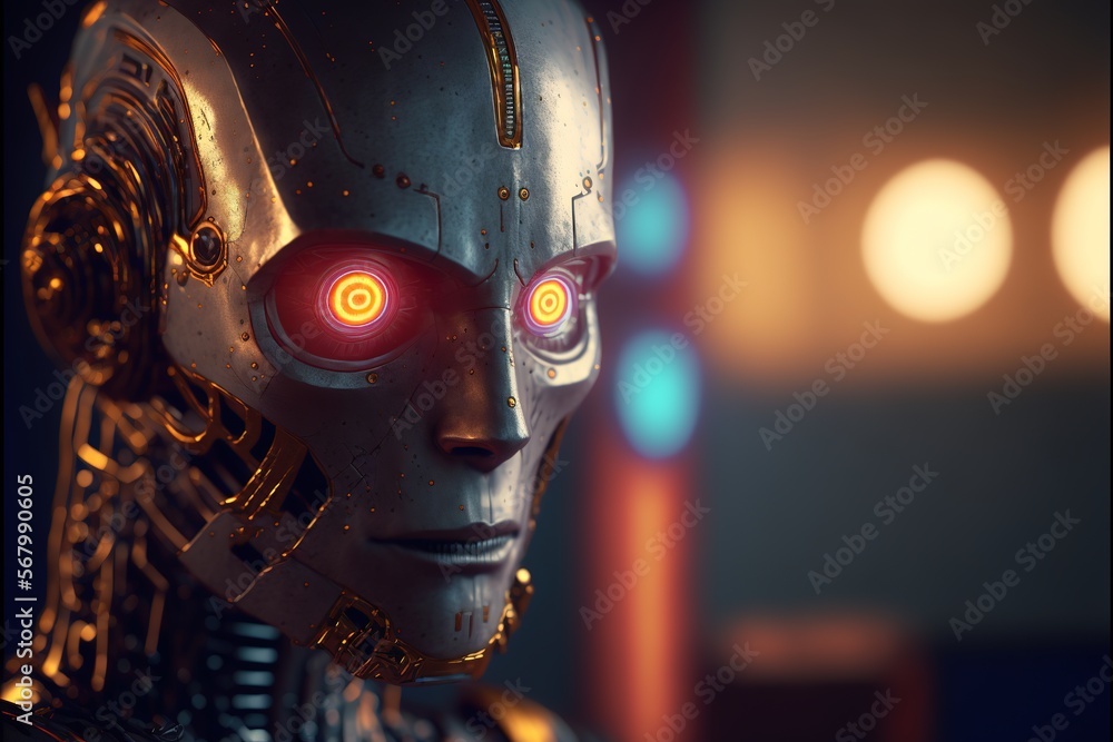 Aufkleber a robot with glowing eyes and a red eye glowing in the dark with a blurry background of circles cybe