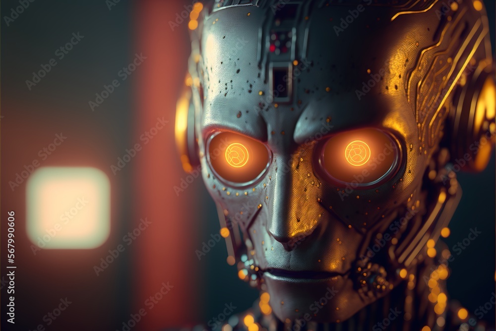 Poster a robot with glowing eyes and a red light in the background is looking at the camera with a blurry l