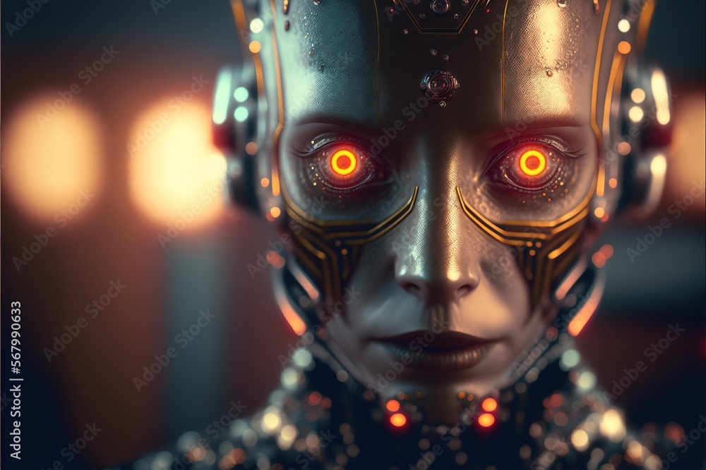 Poster a robot with glowing eyes and a headpiece with a red light on it's face and a black background cyber