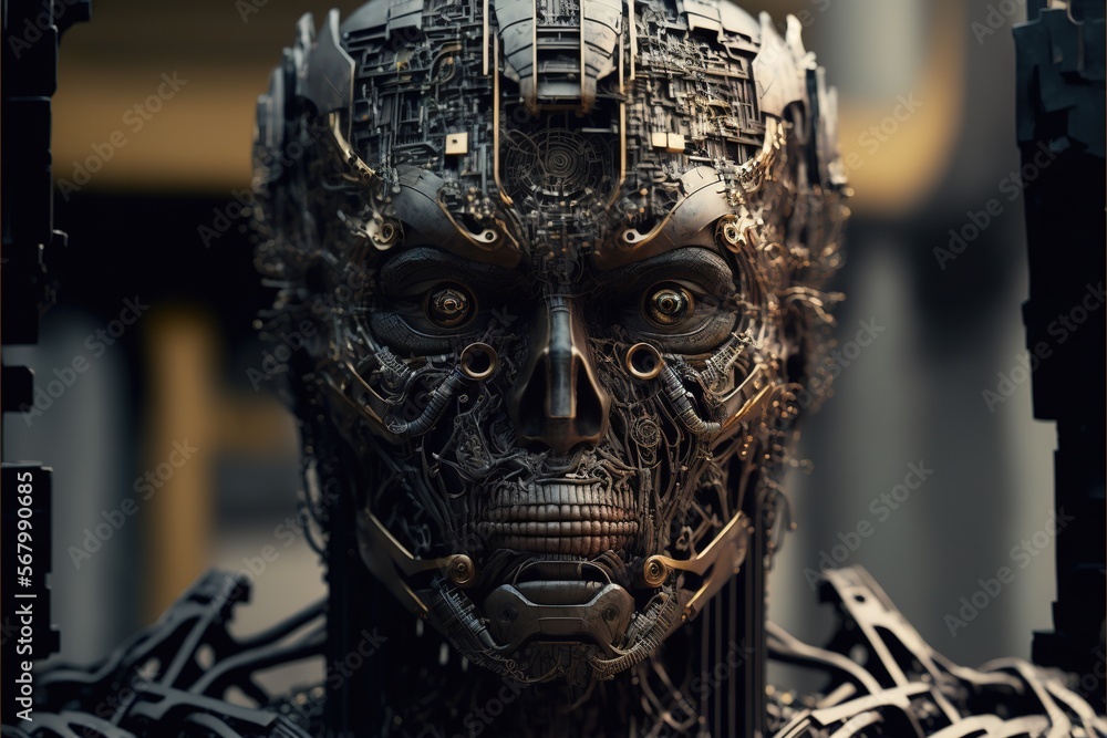 Poster a robot with a face made of metal parts and a mechanical head with a mechanical mechanism on it's fa