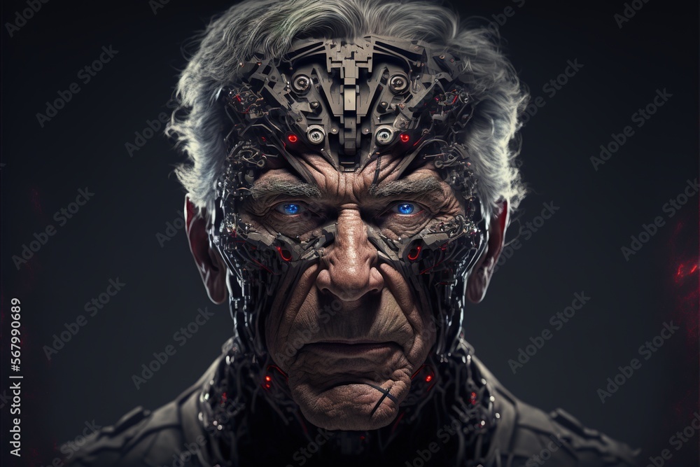Poster a man with a weird face and a mechanical helmet on his head with a cross on it's forehead cyberpunk 