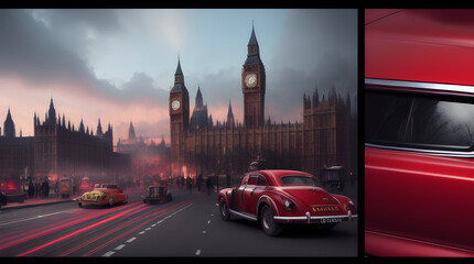 Fototapeta na wymiar a car with a background of old city with traffic foggy atmosphere london style generative ai