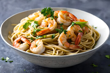 Shrimp Scampi and Pasta With Parsley in a White Bowl