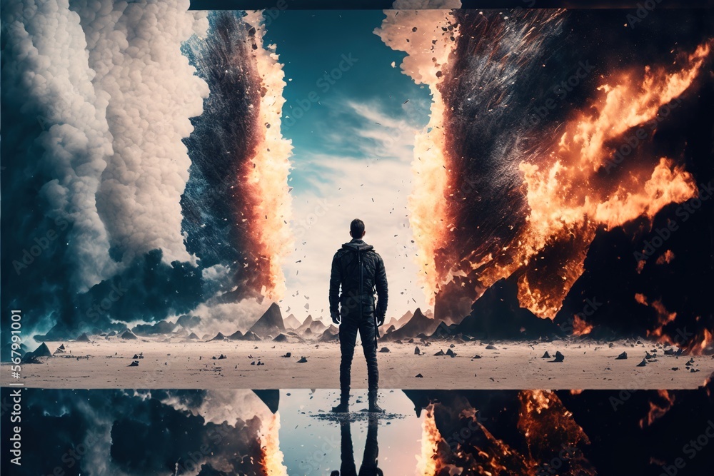 Poster a man standing in front of a large fire filled sky with a reflection of him in the water and a huge 
