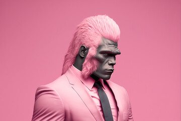man with pink gorilla head on pastel pink background. Ai generated art