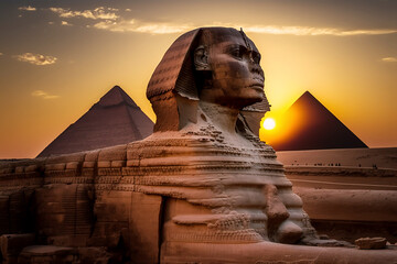 Sunset at the pyramids of Giza in Egypt with the Sphinx. Ai generated art - obrazy, fototapety, plakaty