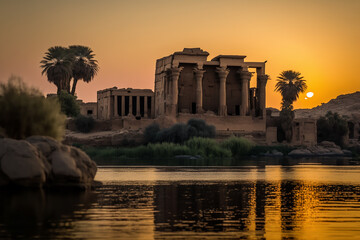 Fototapeta premium Sunset at the temples of Aswan in Egypt. Ai generated art