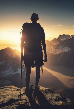 A Man Standing On Top Of A Mountain With A Backpack And Skis On His Back And A Backpack On His Shoulder A Stock Photo Postminimalism Cinematic Photography