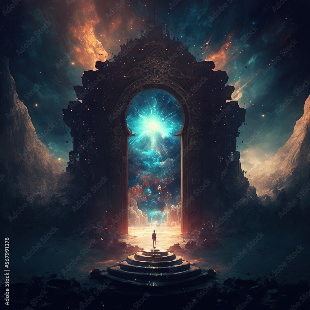 Poster a man standing in front of a doorway with a sky background and a star filled sky above it with a per