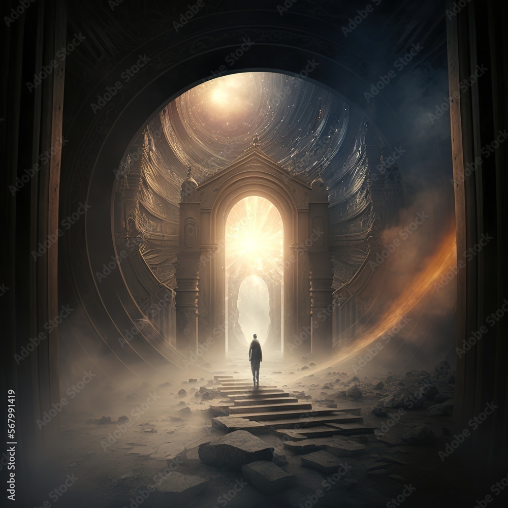 Poster a man standing in a doorway with a light at the end of it and a stairway leading to it with a person