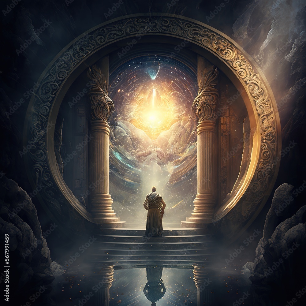 Poster a man standing in front of a doorway with a light coming out of it and a sky filled with clouds a de
