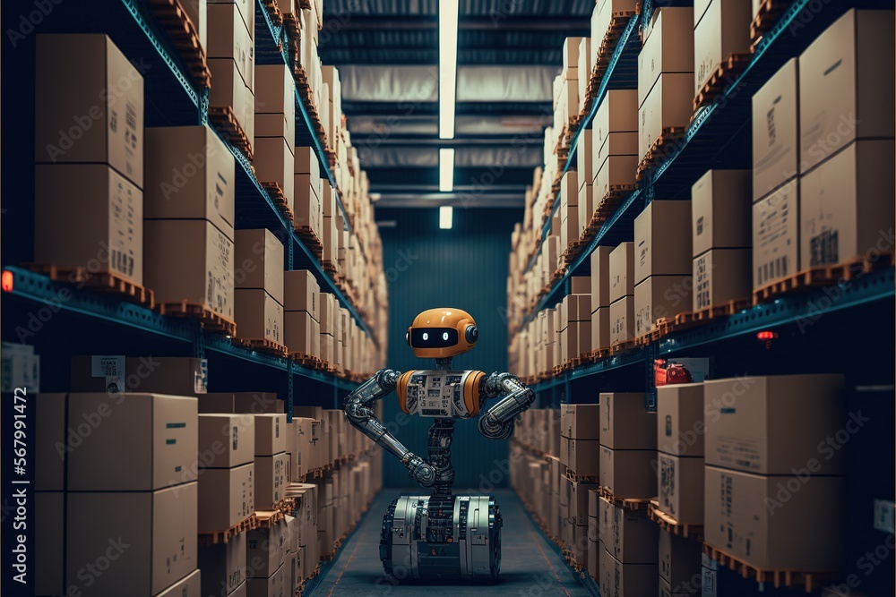 Poster a robot is moving through a warehouse with boxes on the shelves and a cart full of boxes on the floo