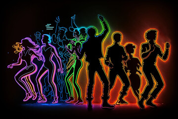 Fototapeta na wymiar neon silhouettes of dancing people on a black background