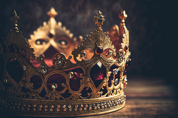 gorgeous queen or king crown in low key over a gold glitter table. retro filtered medieval fantasy period. Generative AI