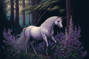 Obraz na płótnie Canvas A mythical white unicorn strolls amid purple bell flowers as it strolls through the enchanted forest in Unicorn with Purple Flowers. Generative AI