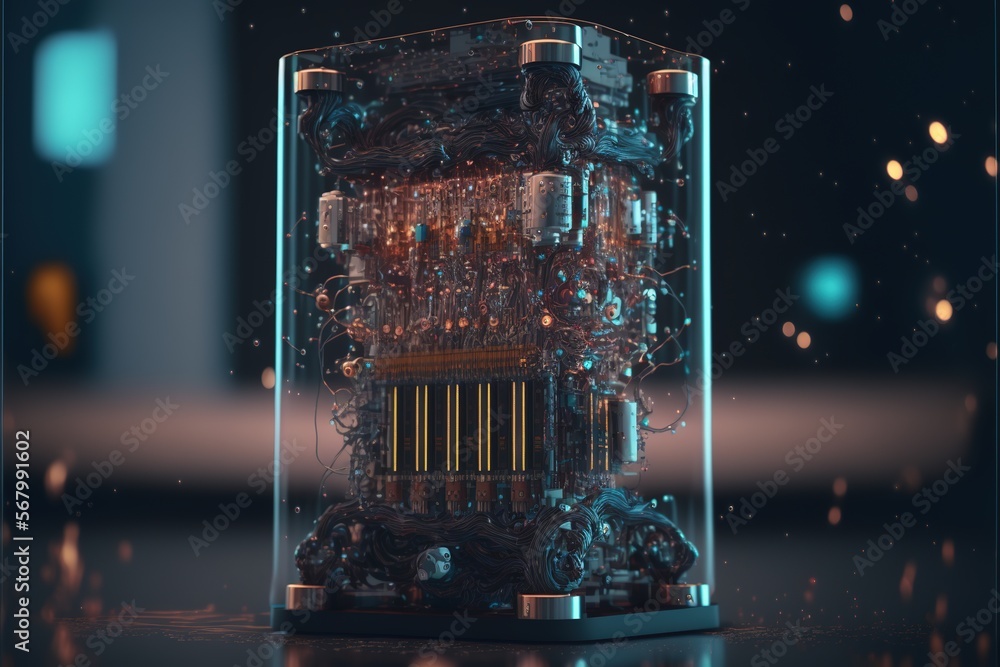 Poster a computer processor in a glass case with a reflection on the floor and a blurry background of the i