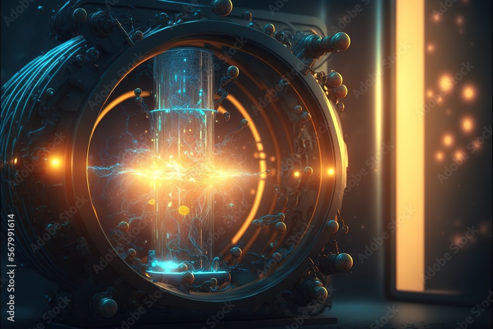 Poster a futuristic clock with a glowing light coming out of it's centerpieces and a door in the background