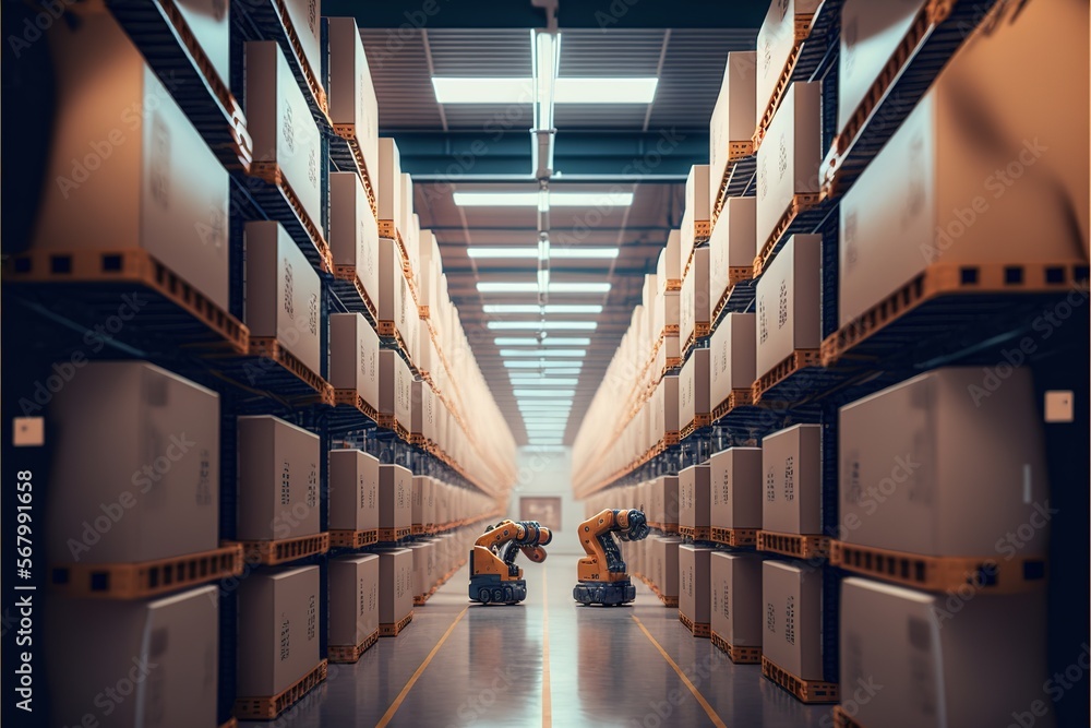Poster a robot is moving through a large warehouse filled with boxes and boxes on shelves with a cross on t