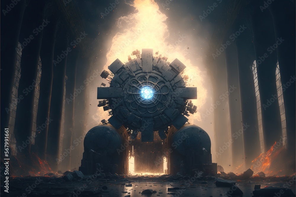 Poster a futuristic looking structure with a glowing light in the middle of it's center surrounded by tall 