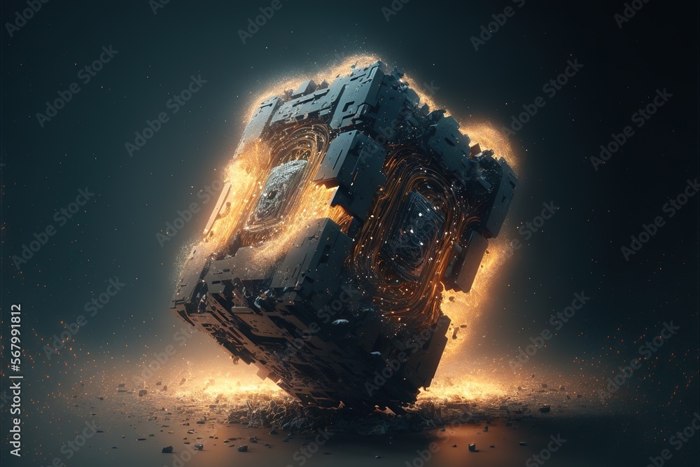 Poster a large object with a lot of fire coming out of it's sides and a black background with a yellow ligh