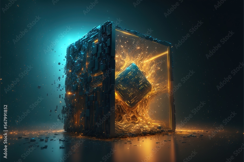 Poster a cube with a glowing cube inside of it on a dark background with a bright light coming from the top