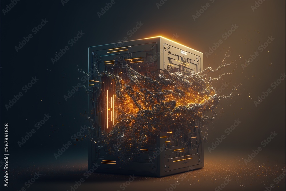 Poster a box with a fire inside of it on a dark background with a glowing light coming out of it and a blac
