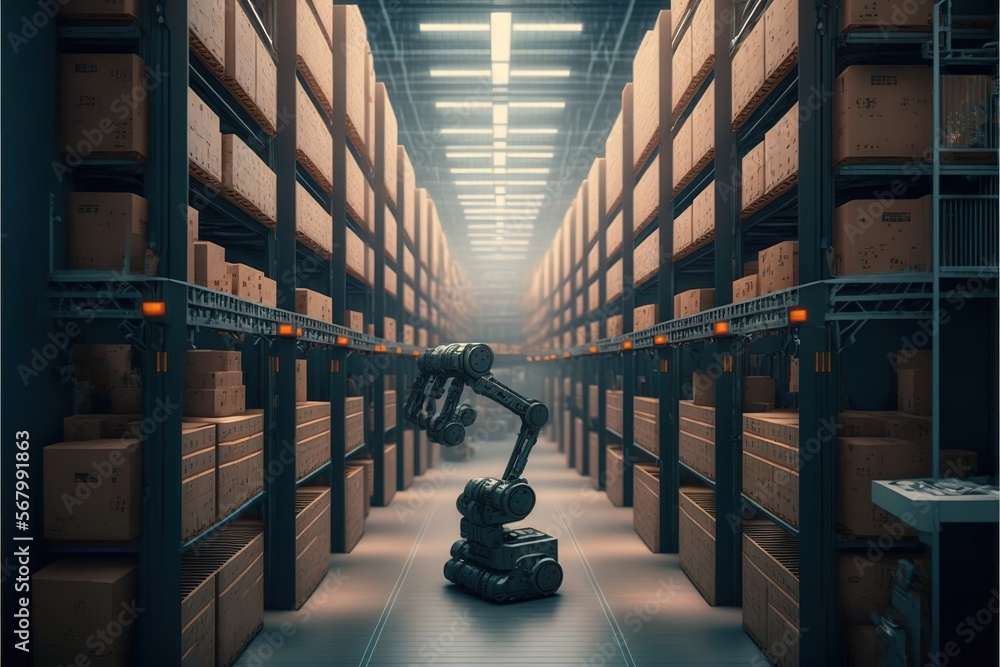 Poster a robot is moving through a warehouse with boxes on the shelves and a lot of shelves with boxes on t