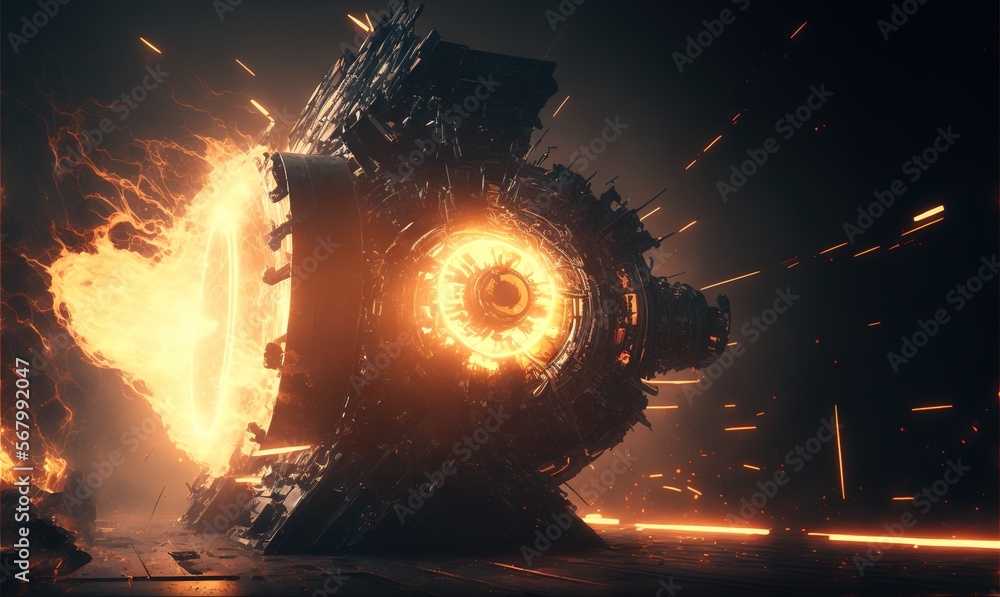 Poster a large clock tower with a massive eyeball in the center of it's structure surrounded by fire and sp