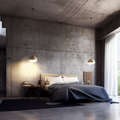 A bedroom with concrete walls and a large panoramic window