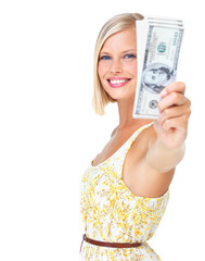 Woman is happy in portrait, smile with cash in hand, finance and dollars with rich female isolated...