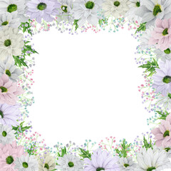 Obraz na płótnie Canvas Hand-drawn watercolor square frame with pale pink and lilac chrysanthemum with colored gypsophila