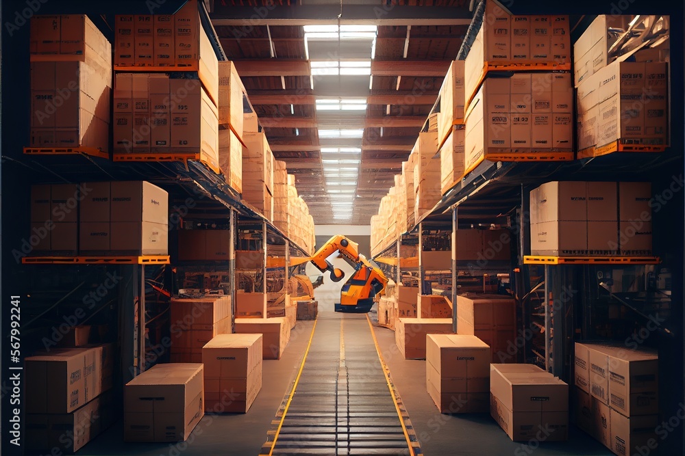 Poster a warehouse with a robot moving a cart in the middle of it and boxes on the shelves behind it and a 